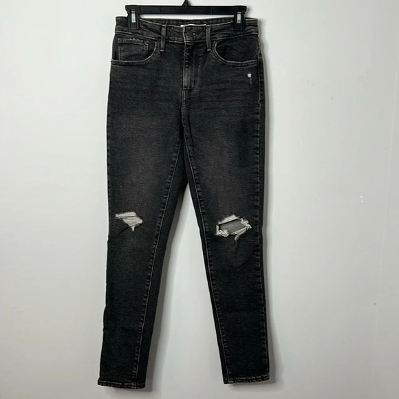 Levi’s 721 High Rise Skinny Ripped Knee Distressed Charcoal Jeans - Picture 2 of 9